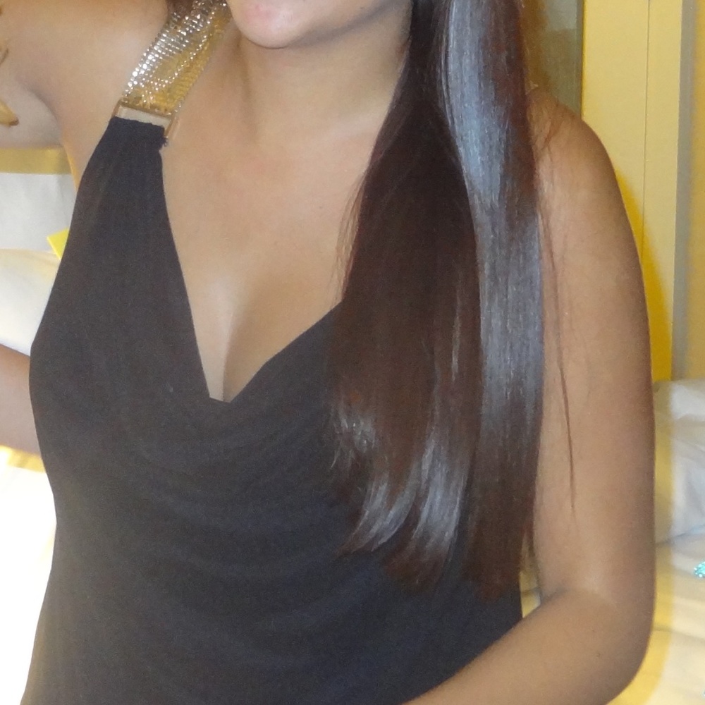 Black, drop waist, gold embellished dress